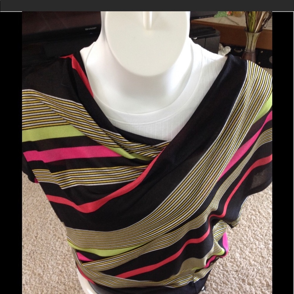 Blouse short sleeve black with pink,yellow stripes